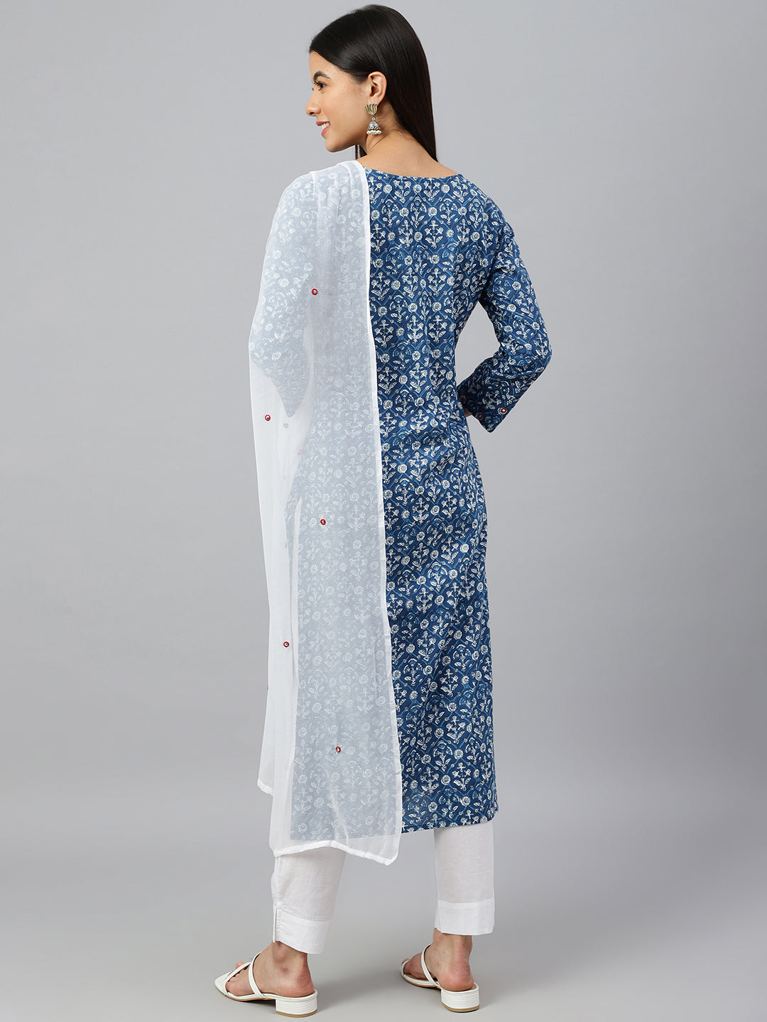 Janasya Women's Navy Blue Cotton Floral Print Kurta With Pant And Dupatta | Swadesiicart