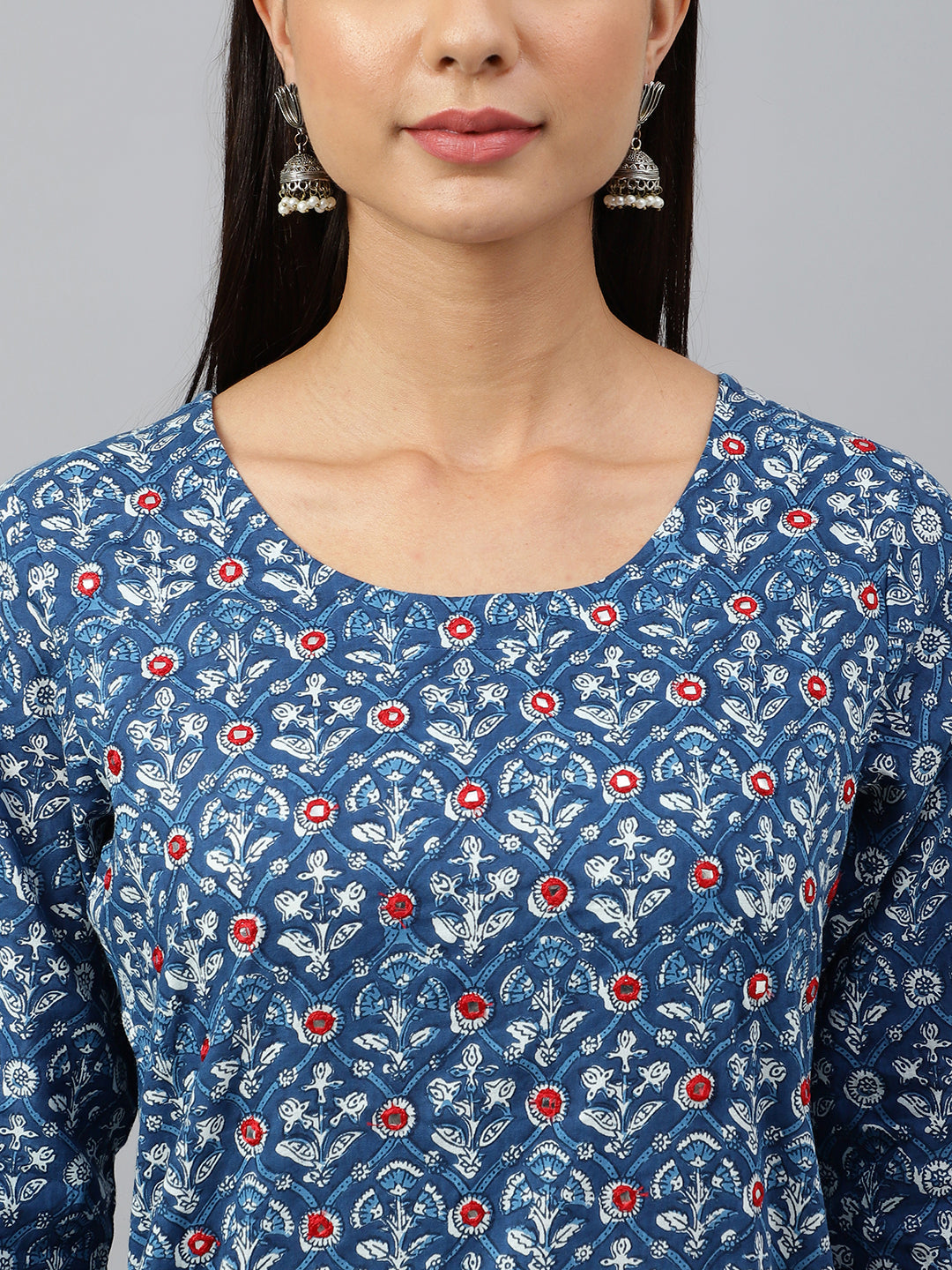Janasya Women's Navy Blue Cotton Floral Print Kurta With Pant And Dupatta | Swadesiicart