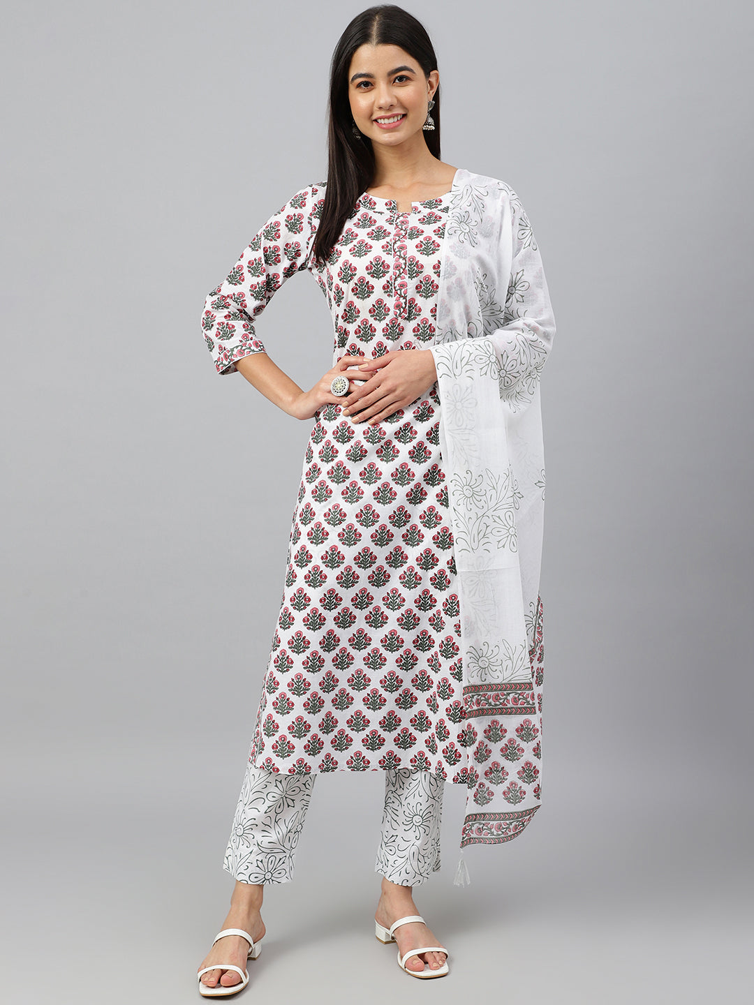 Janasya Women's White Cotton Floral Block Print Kurta With Pant And Dupatta | Swadesiicart