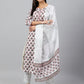 Janasya Women's White Cotton Floral Block Print Kurta With Pant And Dupatta | Swadesiicart