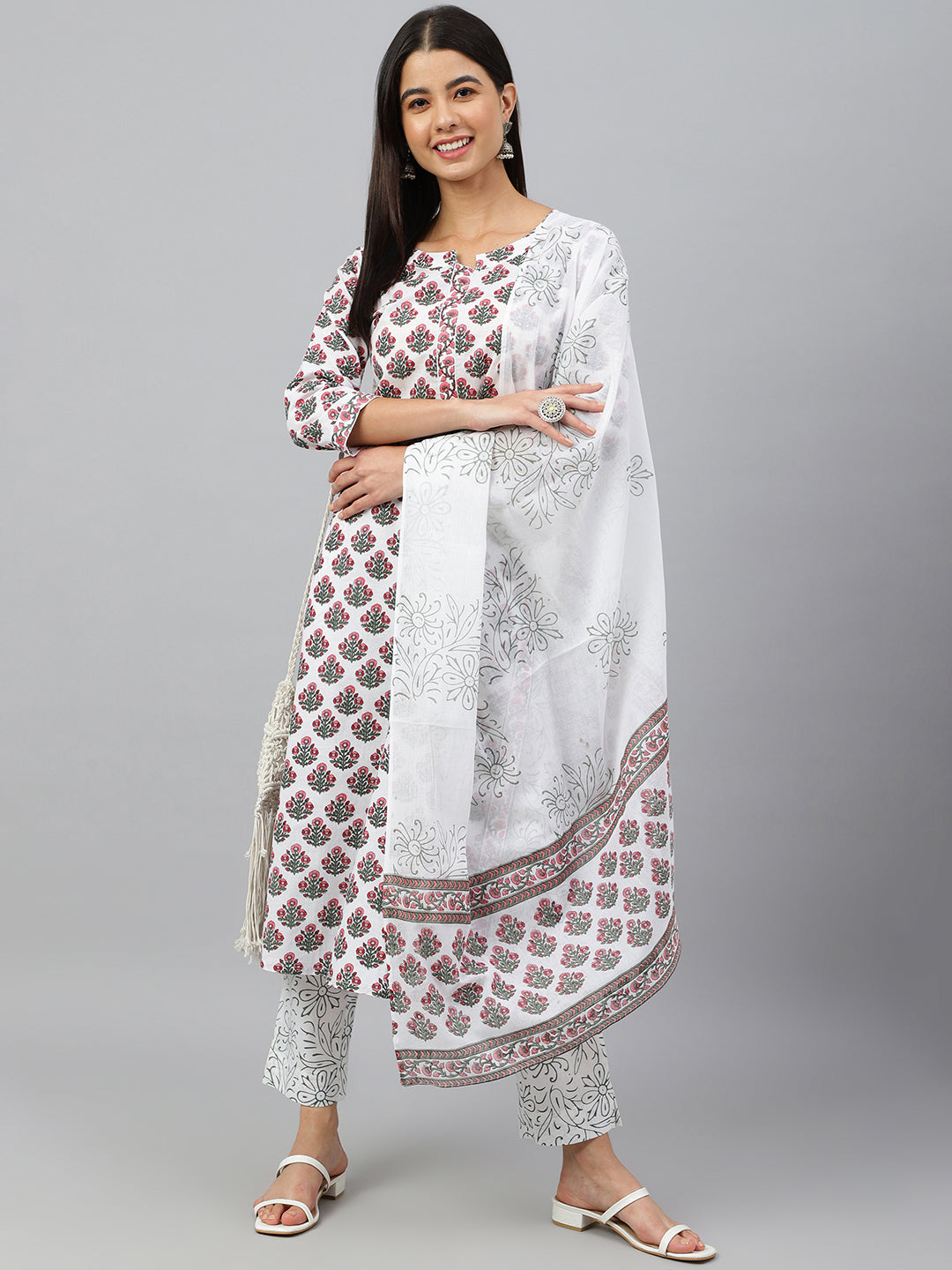 Janasya Women's White Cotton Floral Block Print Kurta With Pant And Dupatta | Swadesiicart
