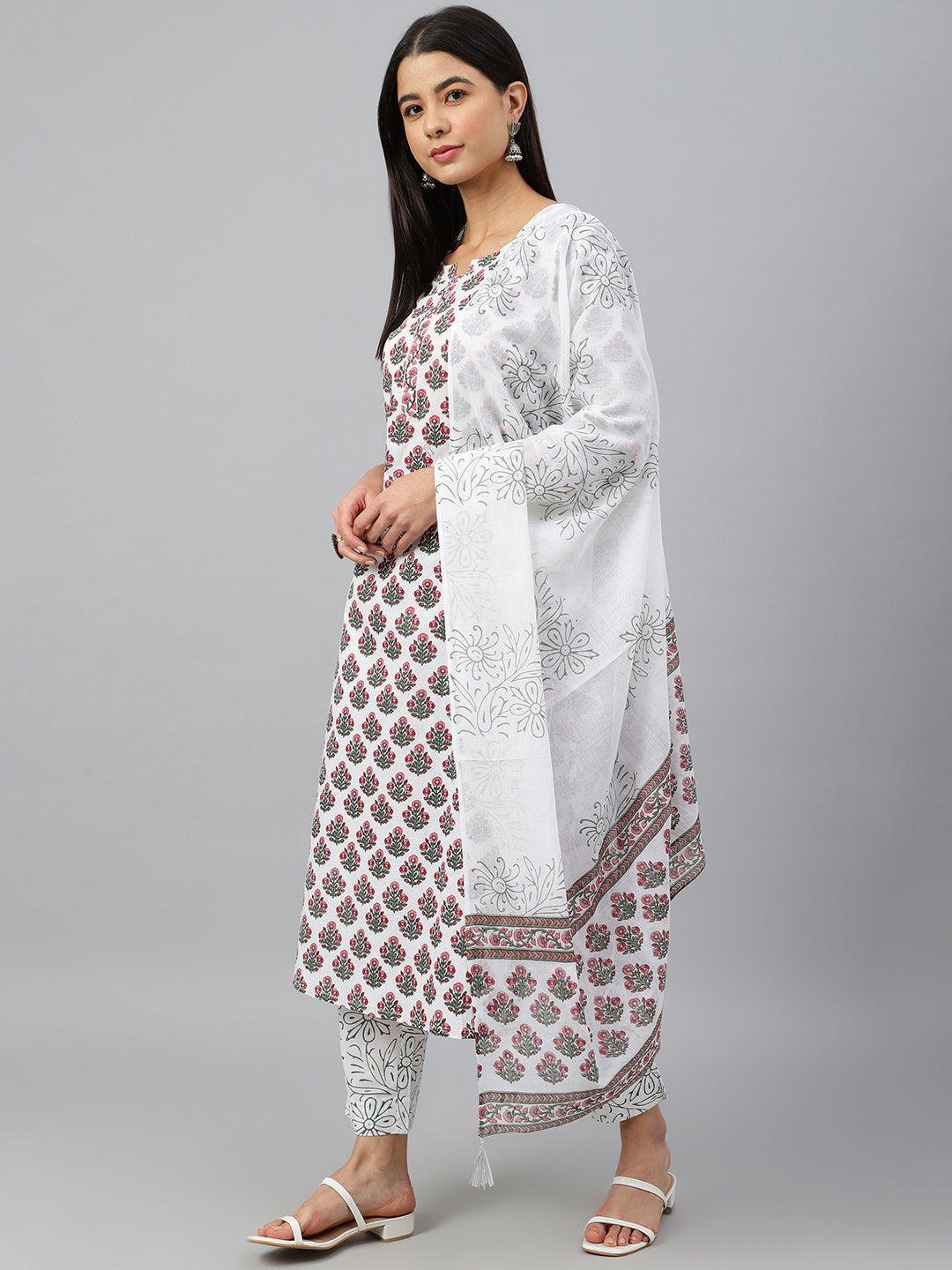 Janasya Women's White Cotton Floral Block Print Kurta With Pant And Dupatta | Swadesiicart