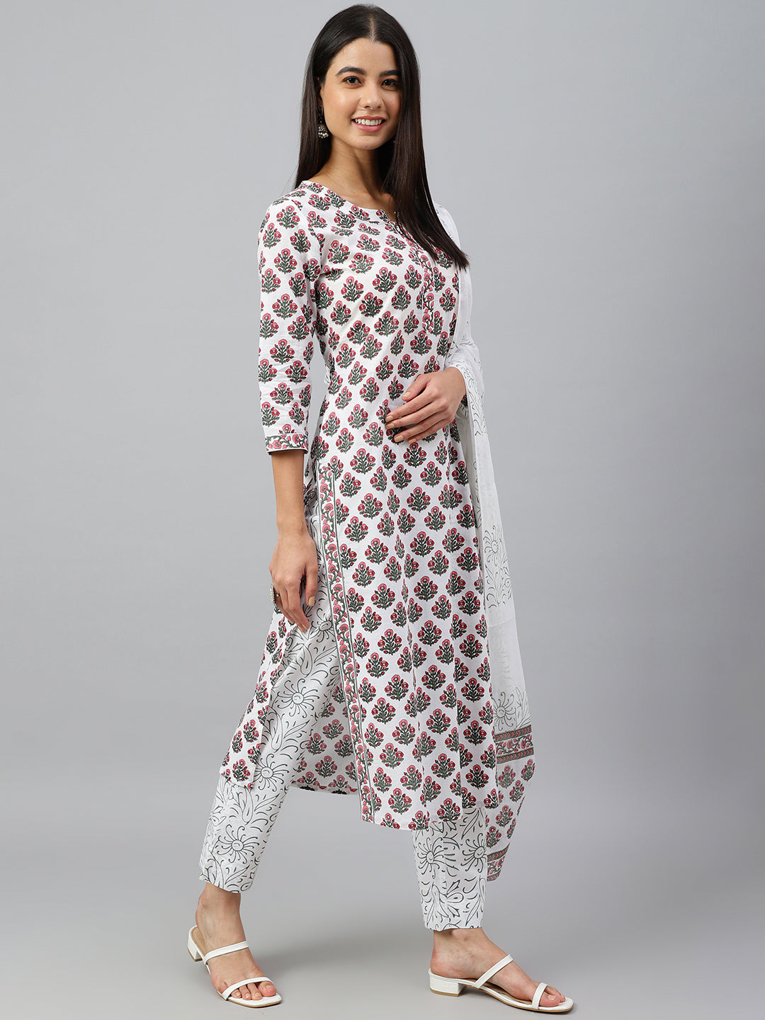 Janasya Women's White Cotton Floral Block Print Kurta With Pant And Dupatta | Swadesiicart