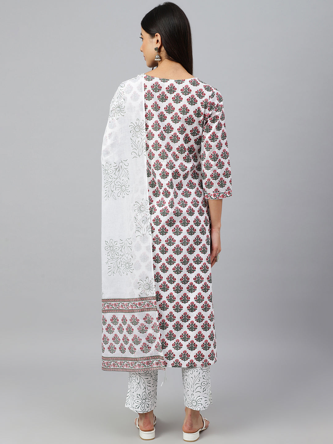 Janasya Women's White Cotton Floral Block Print Kurta With Pant And Dupatta | Swadesiicart