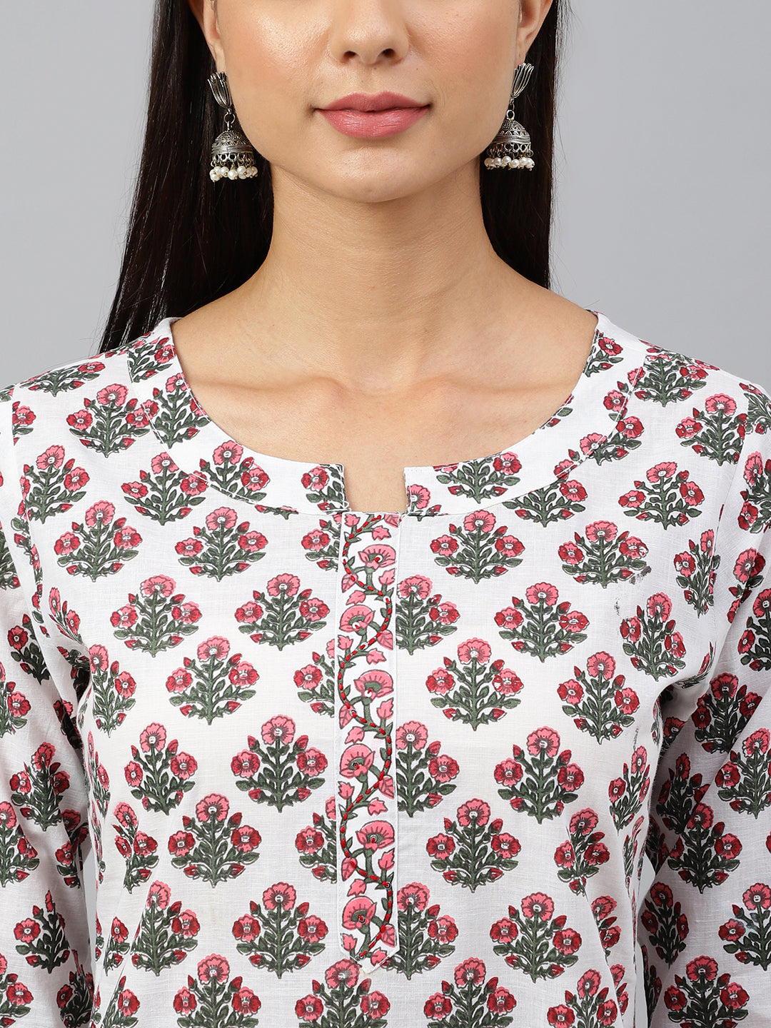 Janasya Women's White Cotton Floral Block Print Kurta With Pant And Dupatta | Swadesiicart