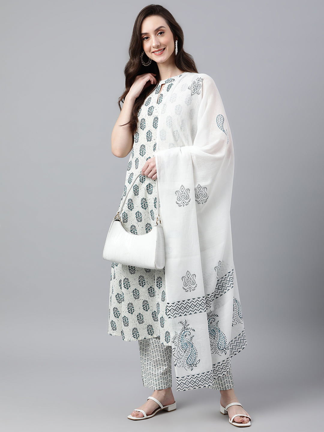 Janasya Women's White Cotton Floral Print Kurta With Pant And Dupatta | Swadesiicart