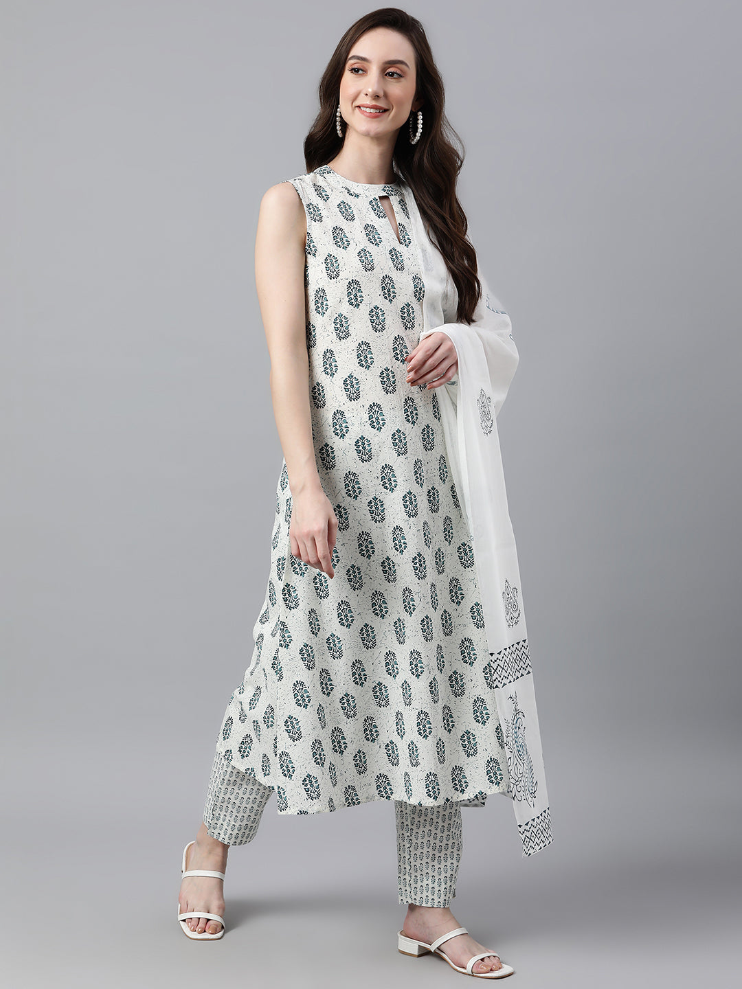 Janasya Women's White Cotton Floral Print Kurta With Pant And Dupatta | Swadesiicart