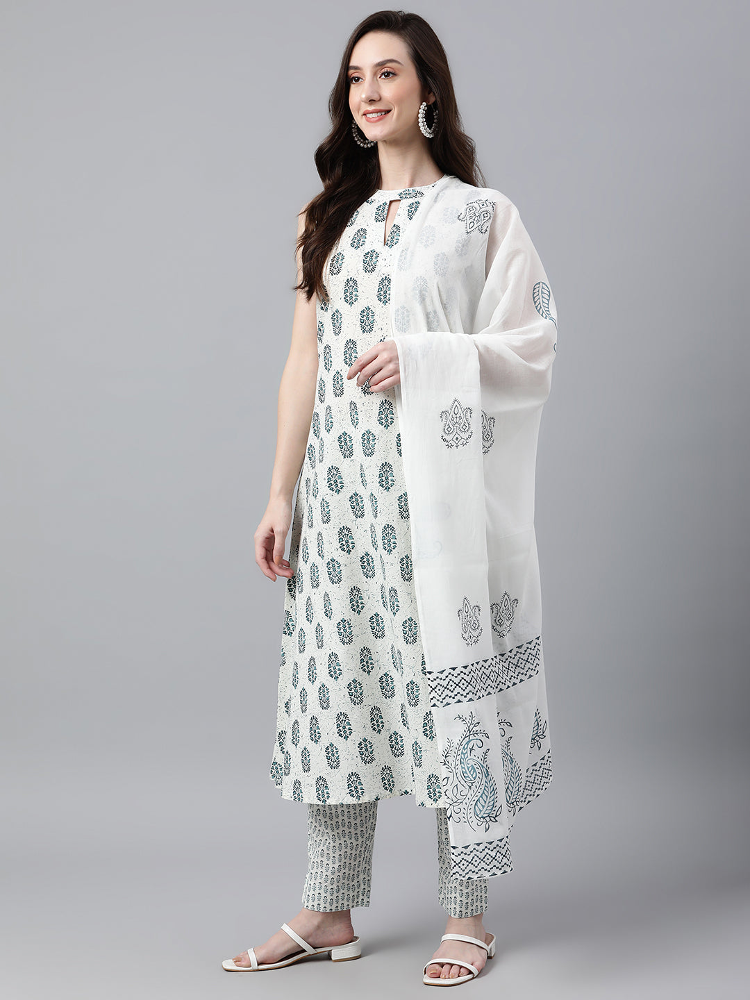 Janasya Women's White Cotton Floral Print Kurta With Pant And Dupatta | Swadesiicart