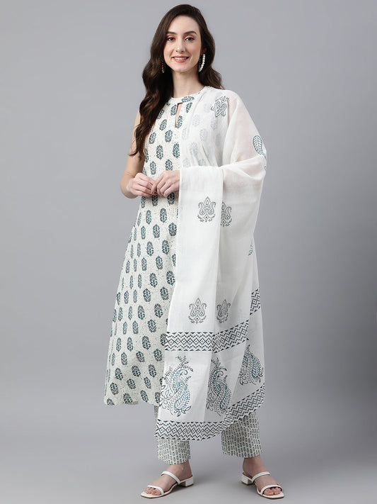 Janasya Women's White Cotton Floral Print Kurta With Pant And Dupatta | Swadesiicart