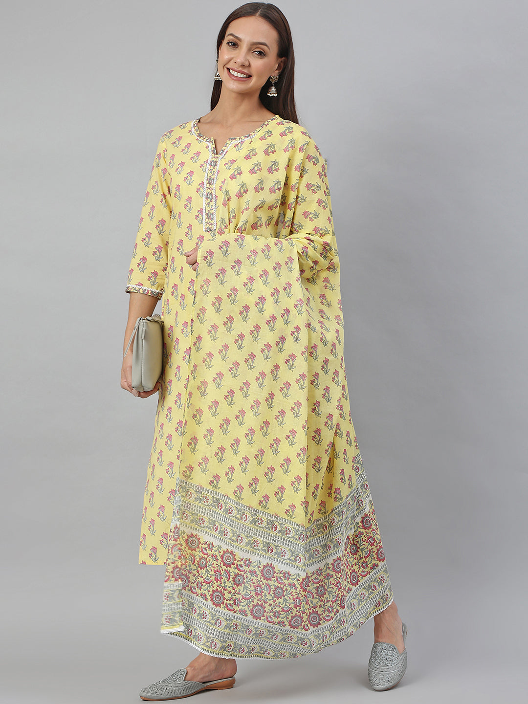 Janasya Women's Yellow Cotton Floral Print Kurta With Pant And Dupatta | Swadesiicart