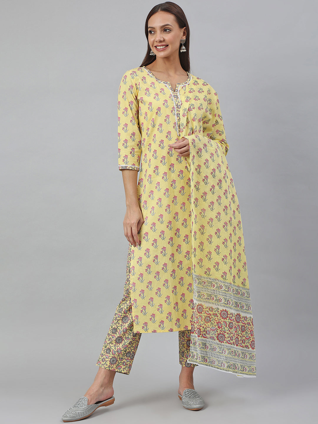Janasya Women's Yellow Cotton Floral Print Kurta With Pant And Dupatta | Swadesiicart