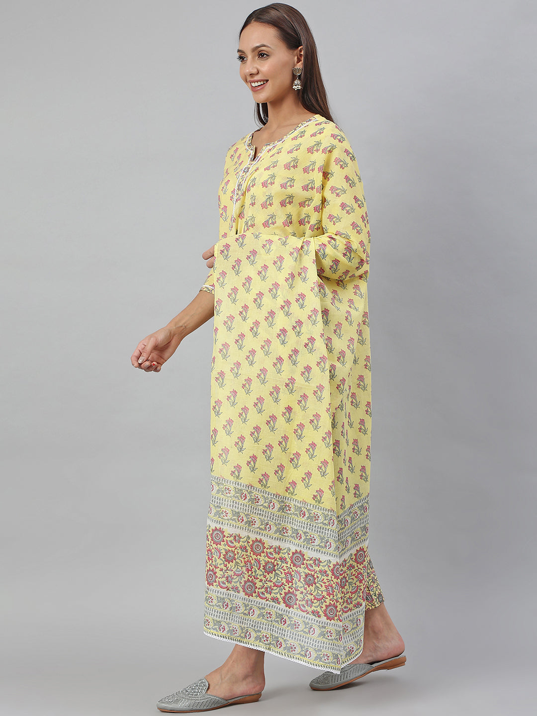 Janasya Women's Yellow Cotton Floral Print Kurta With Pant And Dupatta | Swadesiicart