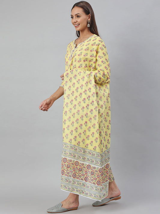 Janasya Women's Yellow Cotton Floral Print Kurta With Pant And Dupatta | Swadesiicart