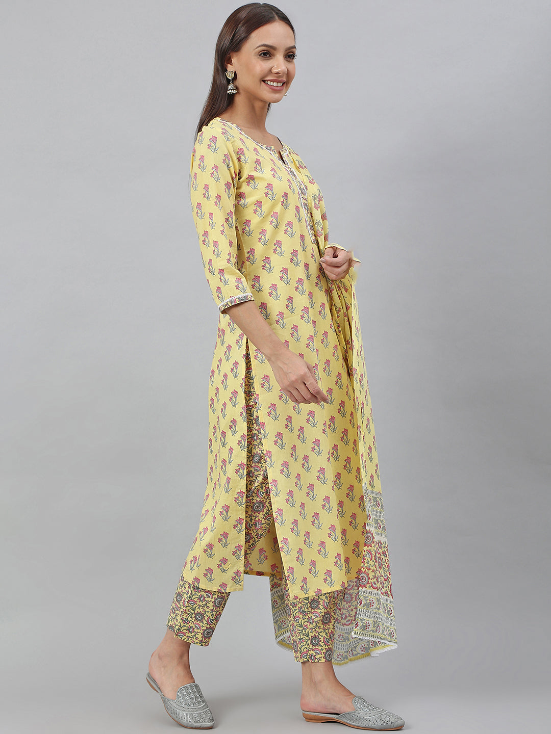 Janasya Women's Yellow Cotton Floral Print Kurta With Pant And Dupatta | Swadesiicart