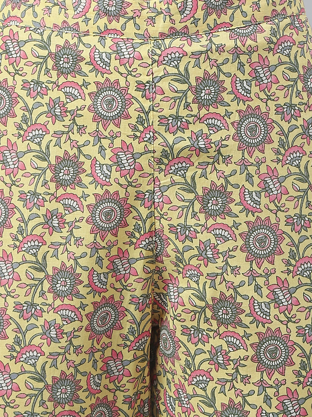Janasya Women's Yellow Cotton Floral Print Kurta With Pant And Dupatta | Swadesiicart