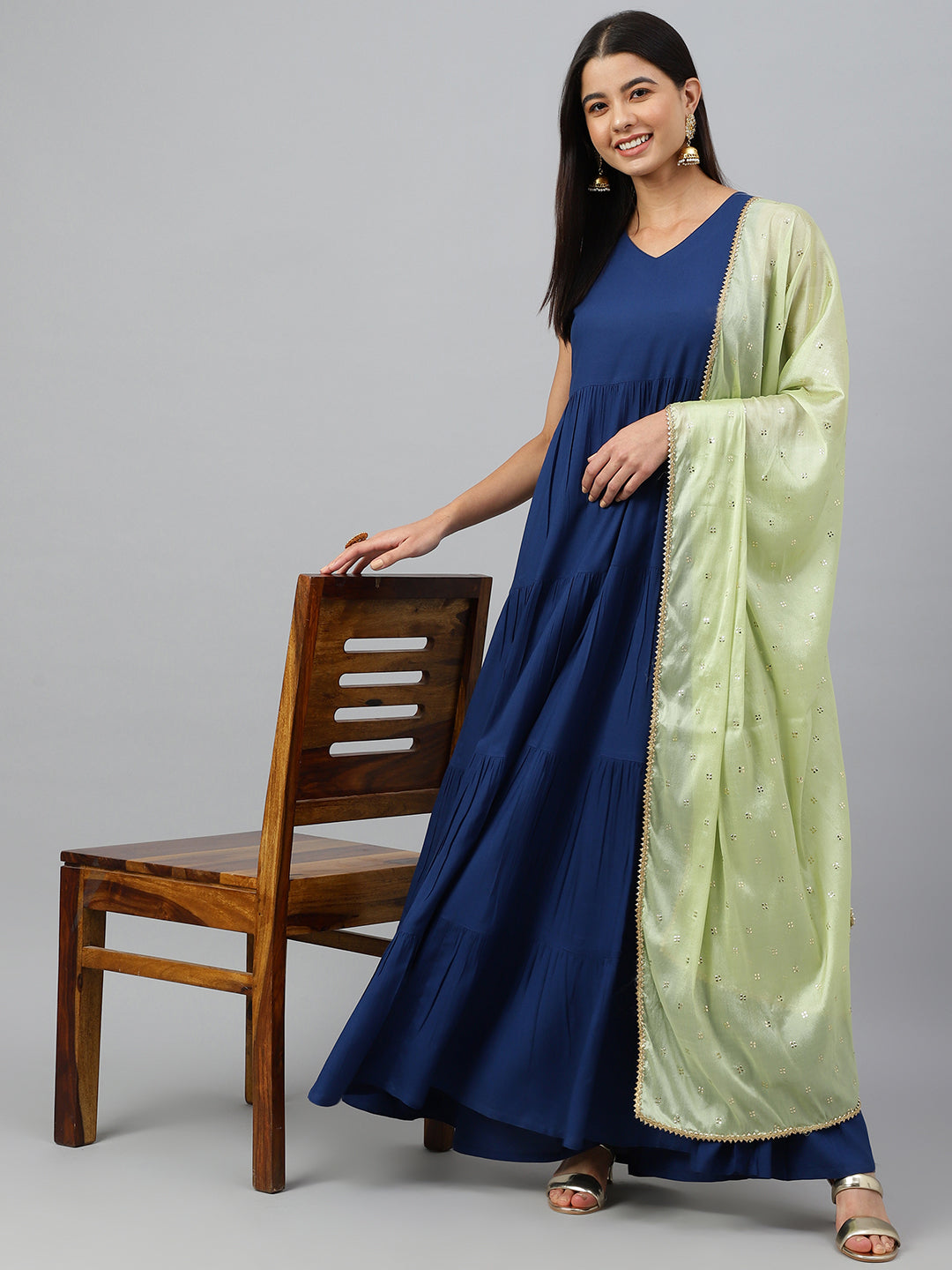 Janasya Women's Dark Blue Rayon Solid Kurta With Dupatta | Swadesiicart