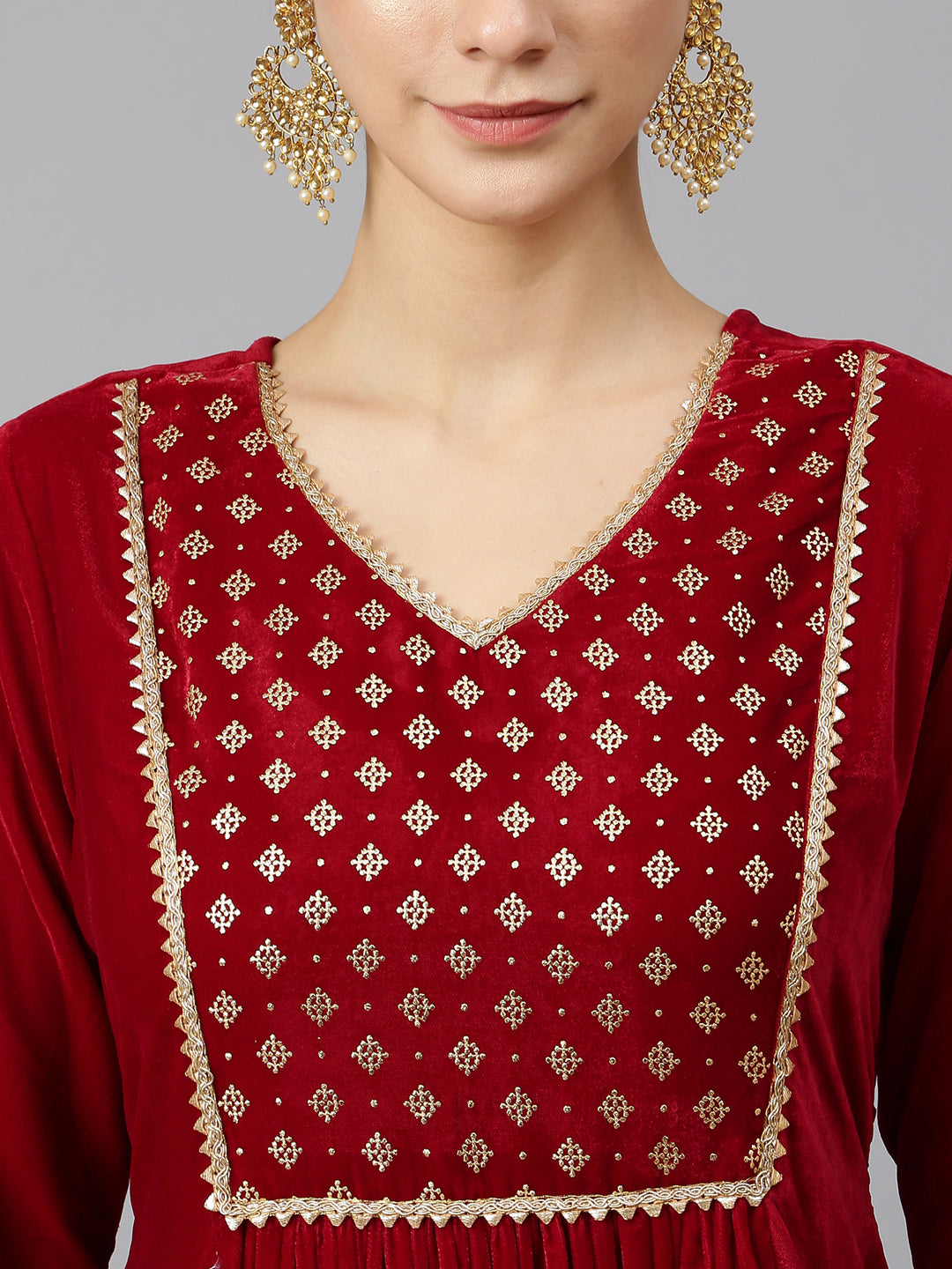 Janasya Women's Maroon Velvet Solid Kurta With Pant And Dupatta | Swadesiicart
