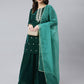 Janasya Women's Dark Green Velvet Floral Embroidery Kurta With Flared Palazzo And Dupatta | Swadesiicart