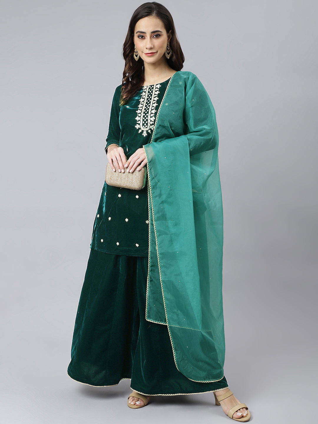Janasya Women's Dark Green Velvet Floral Embroidery Kurta With Flared Palazzo And Dupatta | Swadesiicart