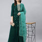 Janasya Women's Dark Green Velvet Floral Embroidery Kurta With Flared Palazzo And Dupatta | Swadesiicart