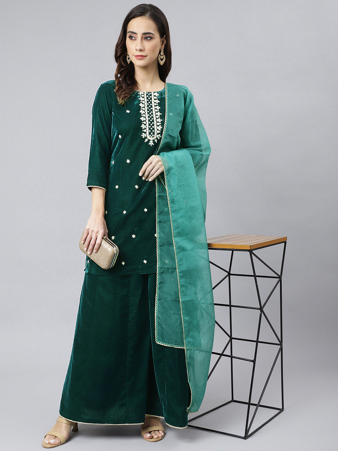 Janasya Women's Dark Green Velvet Floral Embroidery Kurta With Flared Palazzo And Dupatta | Swadesiicart