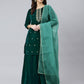 Janasya Women's Dark Green Velvet Floral Embroidery Kurta With Flared Palazzo And Dupatta | Swadesiicart