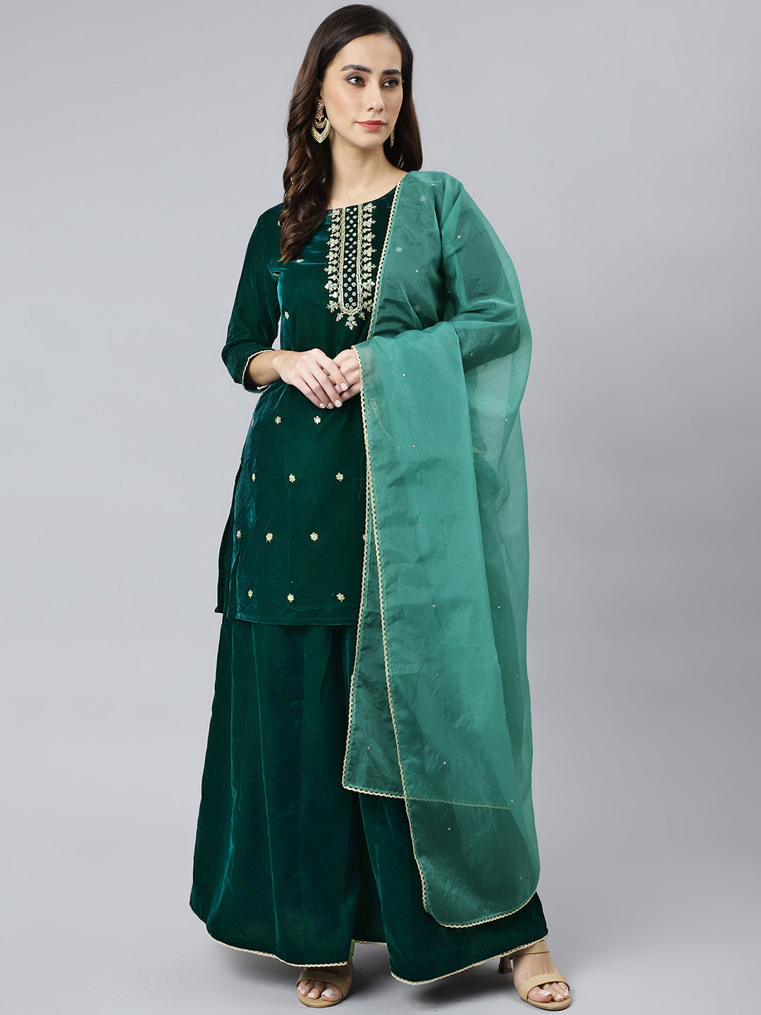 Janasya Women's Dark Green Velvet Floral Embroidery Kurta With Flared Palazzo And Dupatta | Swadesiicart