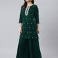 Janasya Women's Dark Green Velvet Floral Embroidery Kurta With Flared Palazzo And Dupatta | Swadesiicart