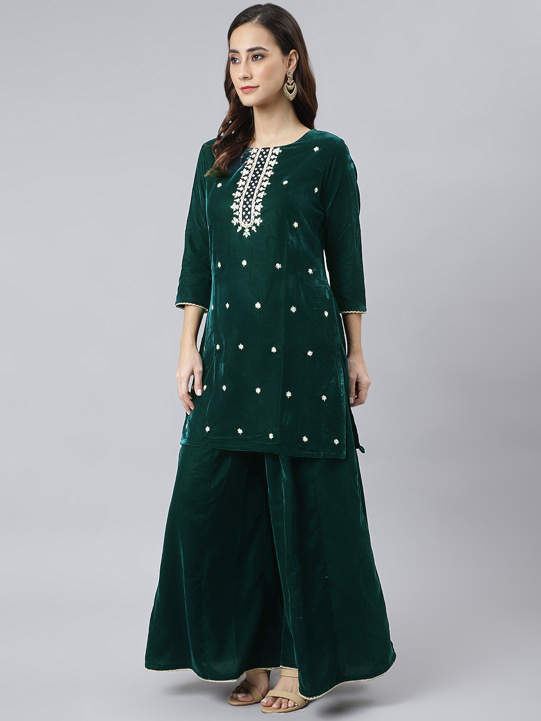 Janasya Women's Dark Green Velvet Floral Embroidery Kurta With Flared Palazzo And Dupatta | Swadesiicart