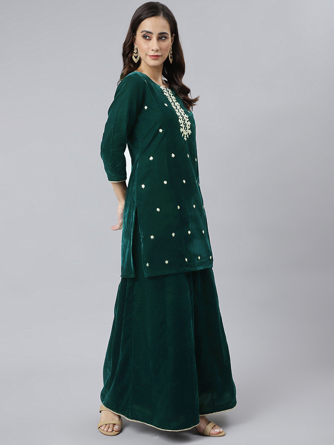 Janasya Women's Dark Green Velvet Floral Embroidery Kurta With Flared Palazzo And Dupatta | Swadesiicart