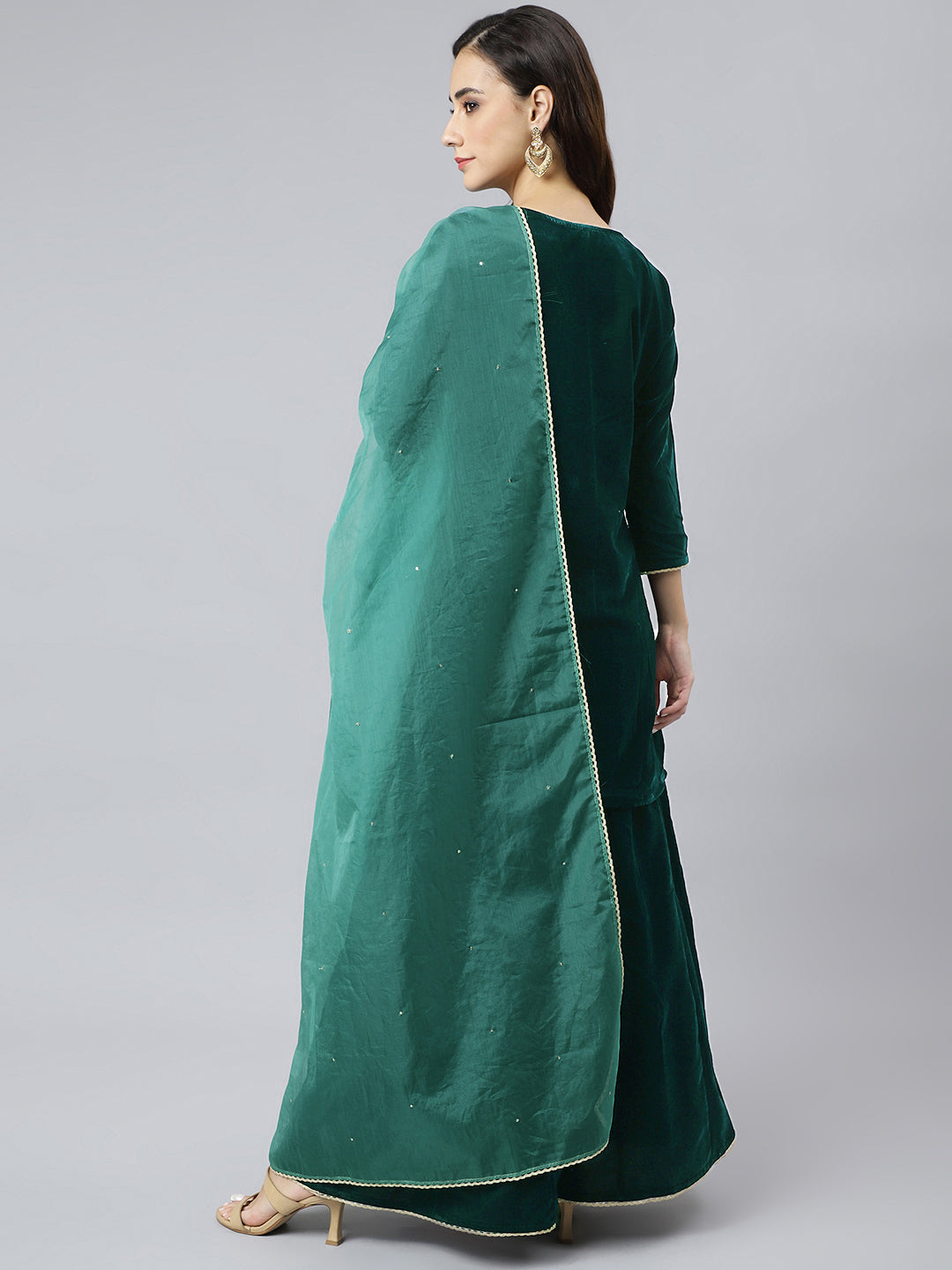 Janasya Women's Dark Green Velvet Floral Embroidery Kurta With Flared Palazzo And Dupatta | Swadesiicart