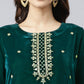 Janasya Women's Dark Green Velvet Floral Embroidery Kurta With Flared Palazzo And Dupatta | Swadesiicart