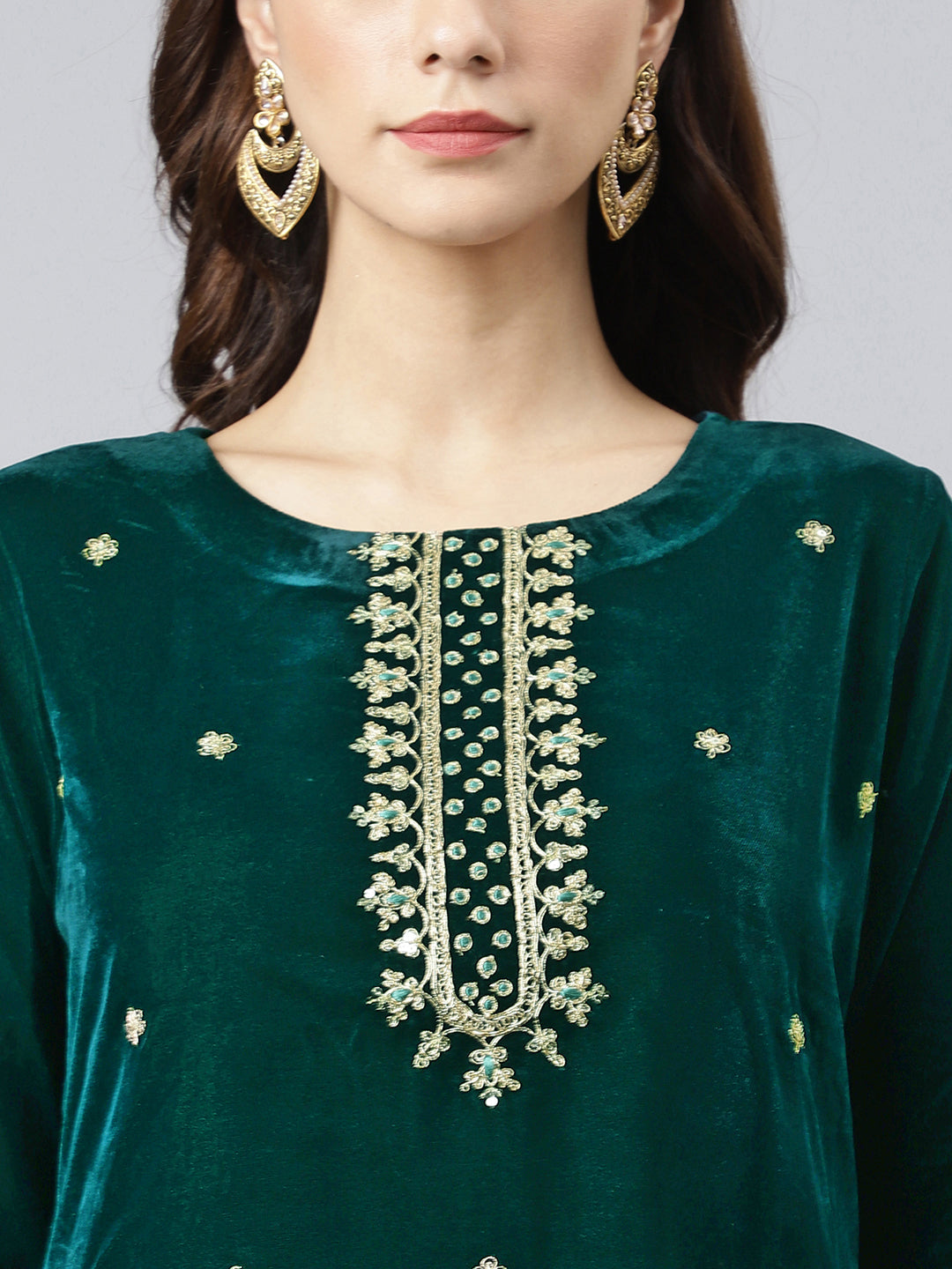 Janasya Women's Dark Green Velvet Floral Embroidery Kurta With Flared Palazzo And Dupatta | Swadesiicart