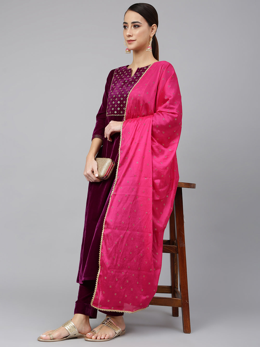Janasya Women's Purple Velvet Solid Kurta With Pant And Dupatta | Swadesiicart