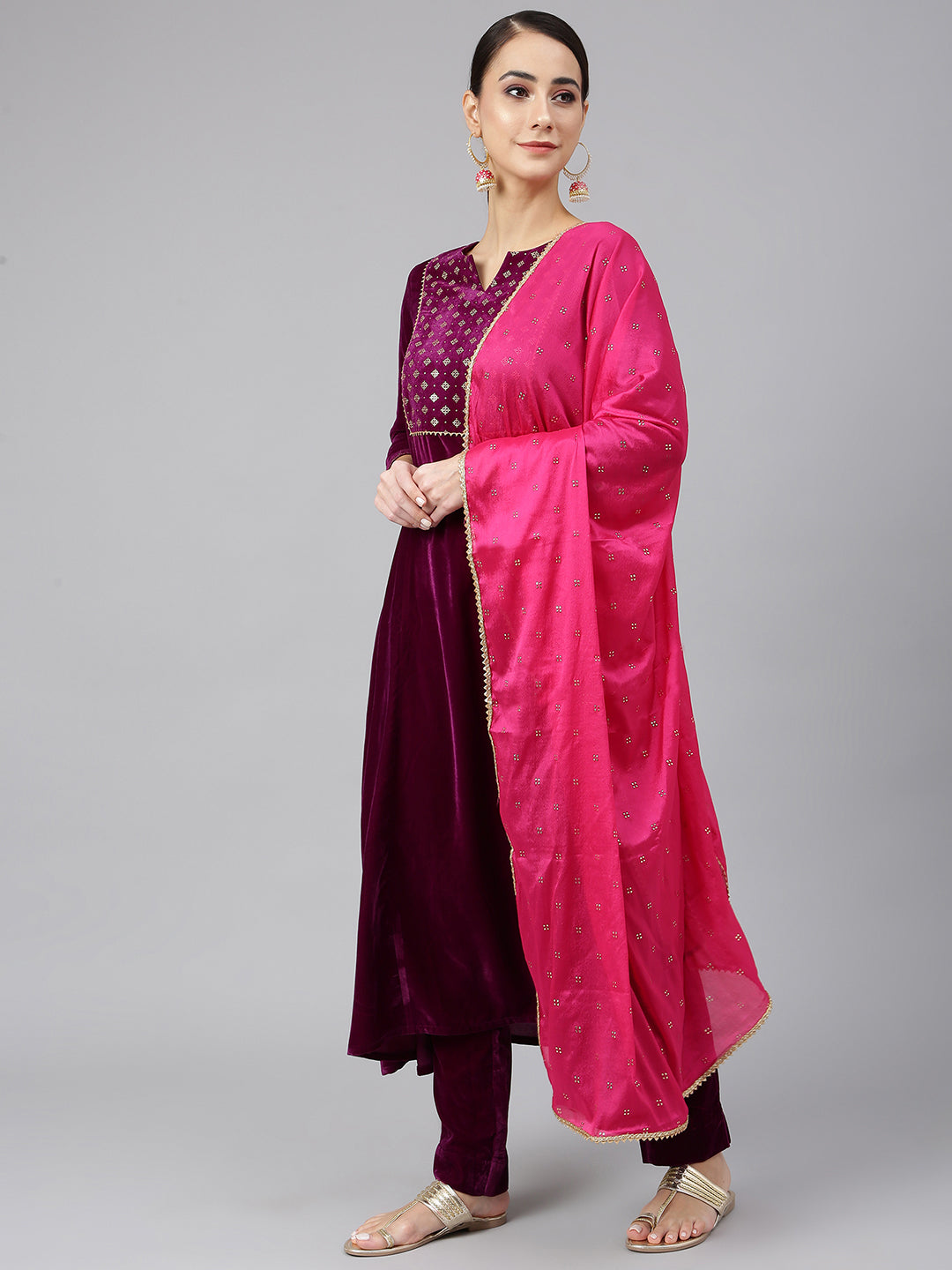 Janasya Women's Purple Velvet Solid Kurta With Pant And Dupatta | Swadesiicart