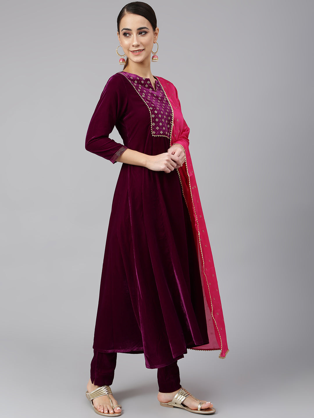 Janasya Women's Purple Velvet Solid Kurta With Pant And Dupatta | Swadesiicart