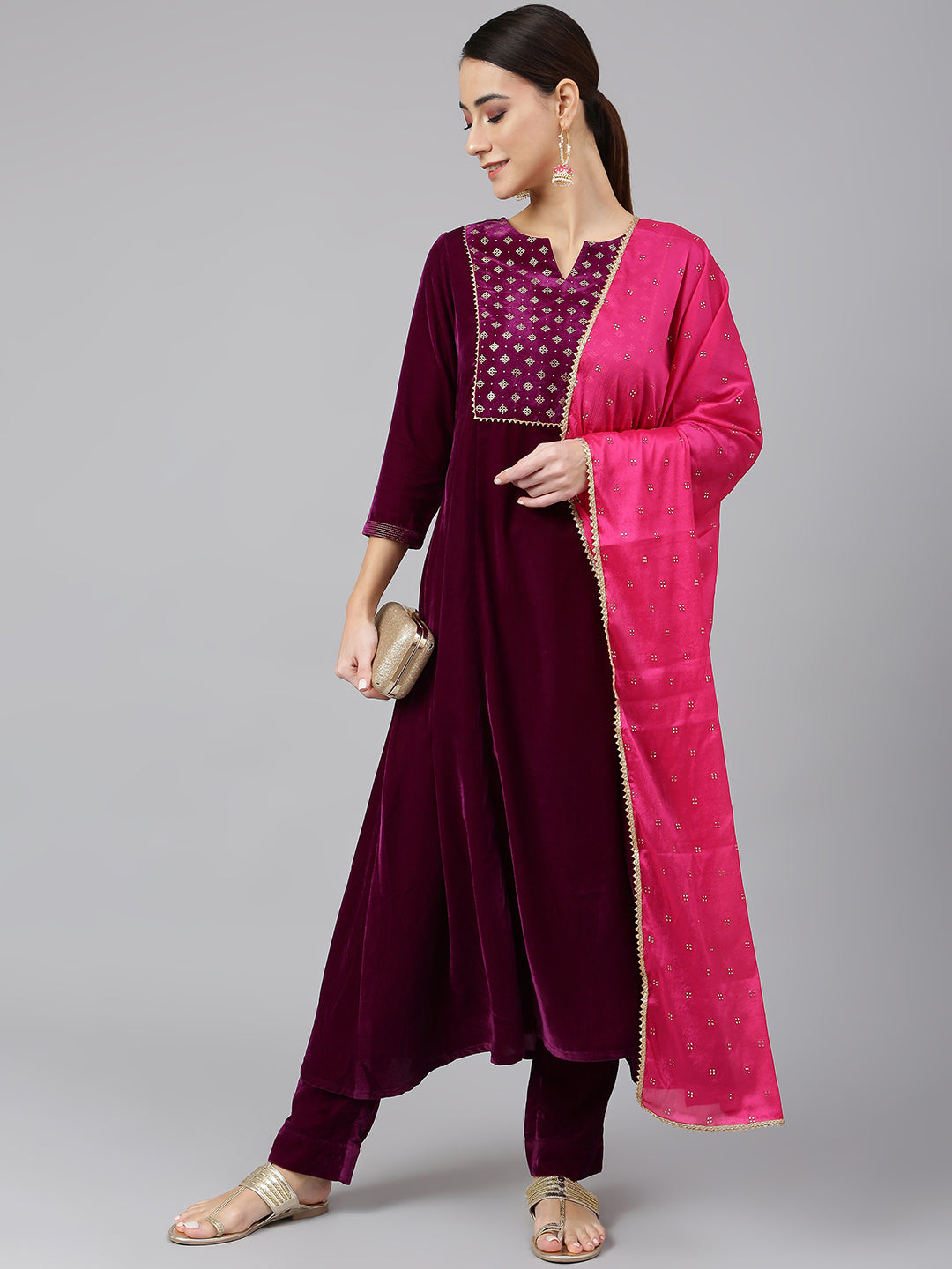 Janasya Women's Purple Velvet Solid Kurta With Pant And Dupatta | Swadesiicart