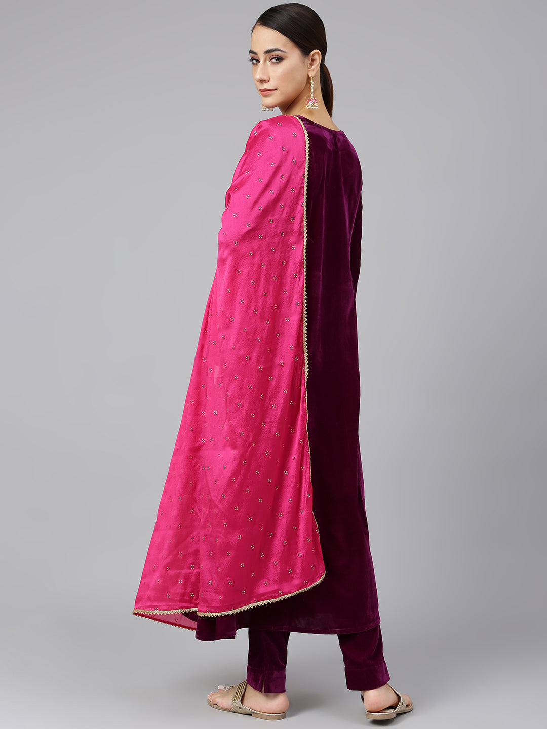 Janasya Women's Purple Velvet Solid Kurta With Pant And Dupatta | Swadesiicart