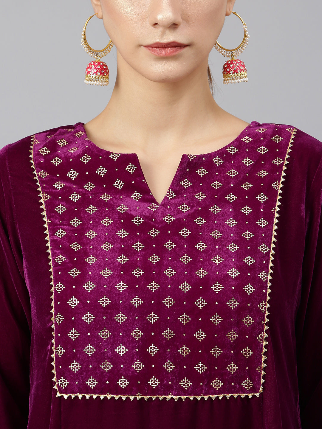Janasya Women's Purple Velvet Solid Kurta With Pant And Dupatta | Swadesiicart