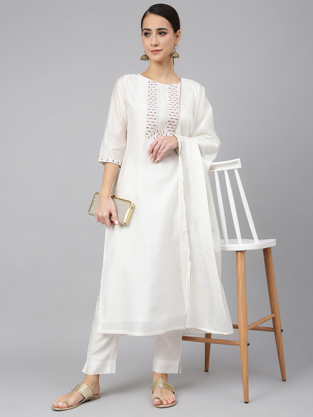 Janasya Women's White Poly Silk Solid Kurta With Pant And Dupatta | Swadesiicart