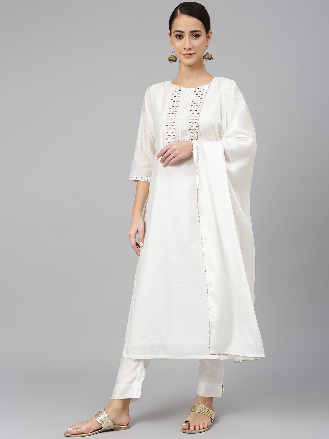 Janasya Women's White Poly Silk Solid Kurta With Pant And Dupatta | Swadesiicart