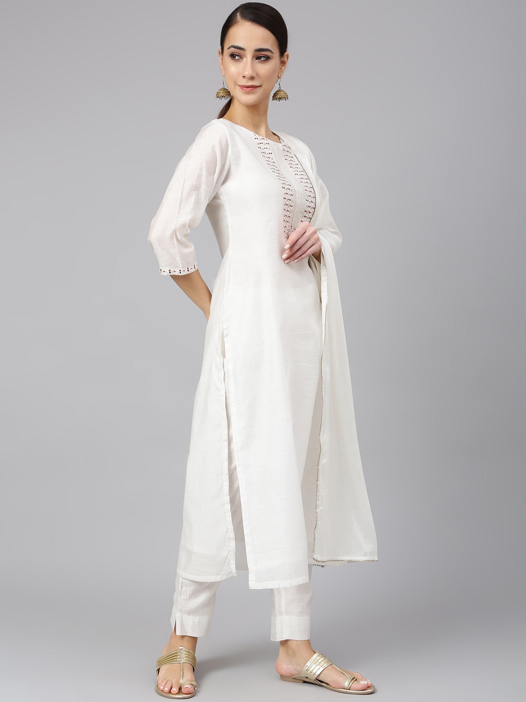Janasya Women's White Poly Silk Solid Kurta With Pant And Dupatta | Swadesiicart