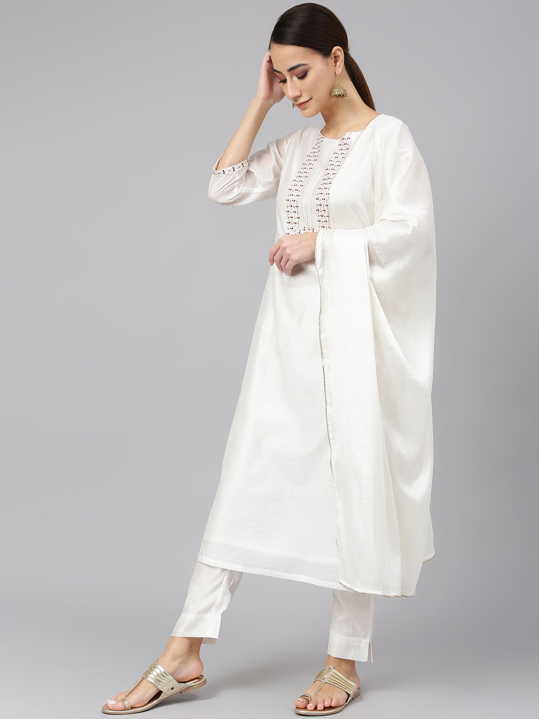 Janasya Women's White Poly Silk Solid Kurta With Pant And Dupatta | Swadesiicart