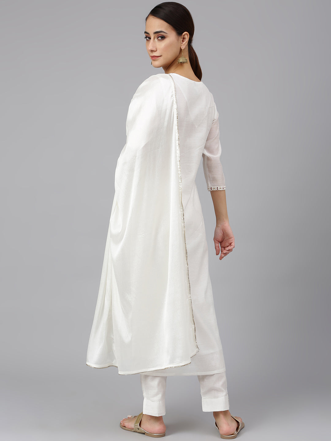 Janasya Women's White Poly Silk Solid Kurta With Pant And Dupatta | Swadesiicart