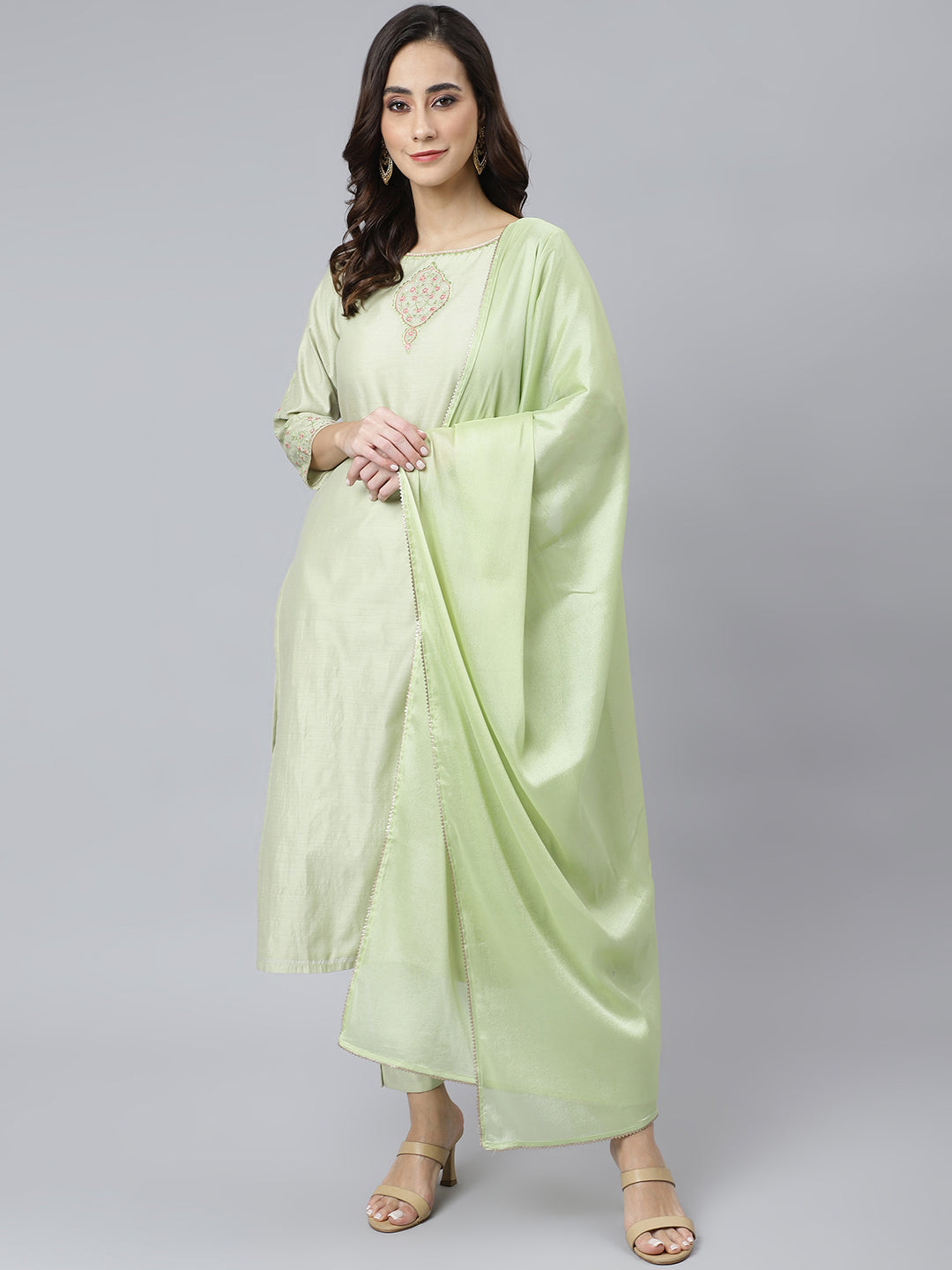 Janasya Women's Sea Green Poly Silk Solid Kurta With Pant And Dupatta | Swadesiicart