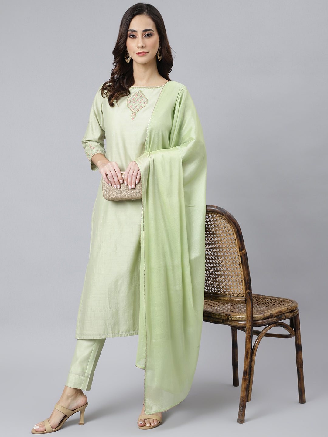 Janasya Women's Sea Green Poly Silk Solid Kurta With Pant And Dupatta | Swadesiicart