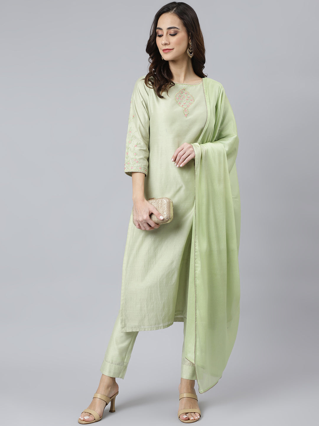 Janasya Women's Sea Green Poly Silk Solid Kurta With Pant And Dupatta | Swadesiicart