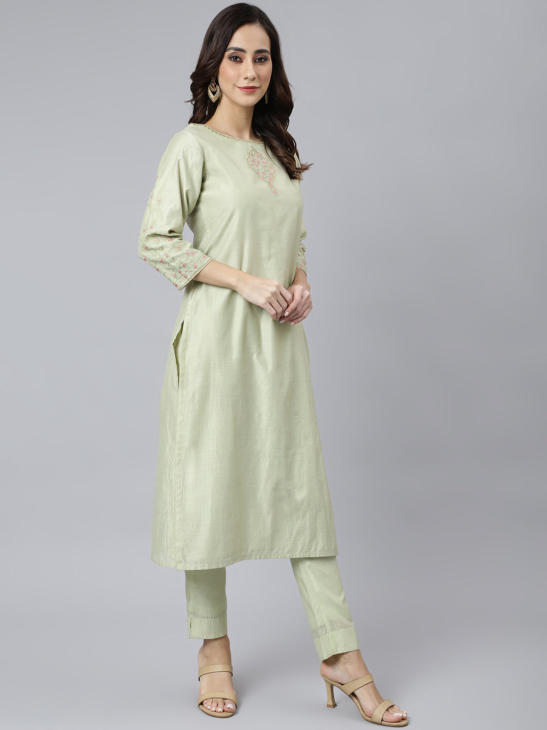 Janasya Women's Sea Green Poly Silk Solid Kurta With Pant And Dupatta | Swadesiicart