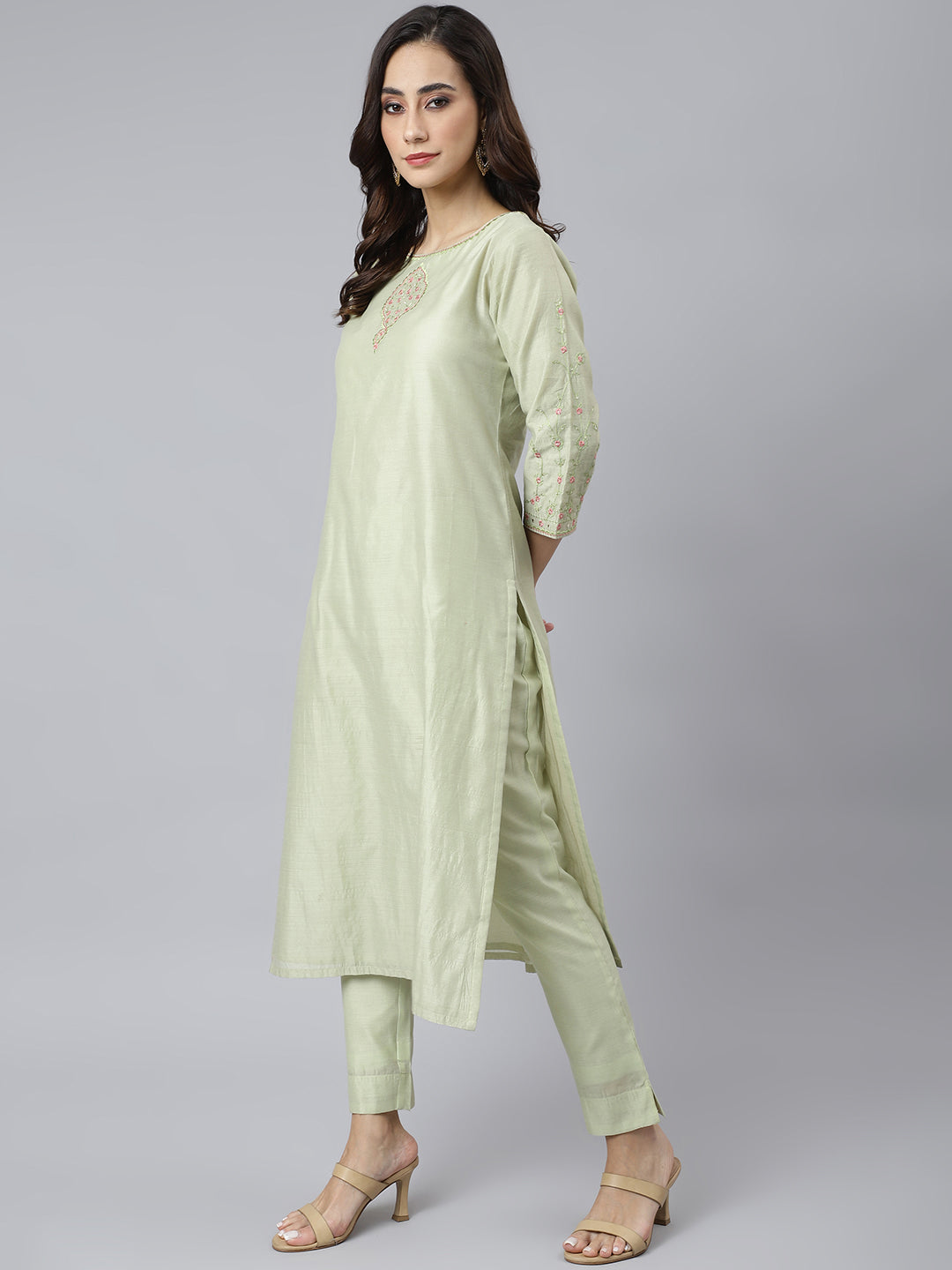 Janasya Women's Sea Green Poly Silk Solid Kurta With Pant And Dupatta | Swadesiicart