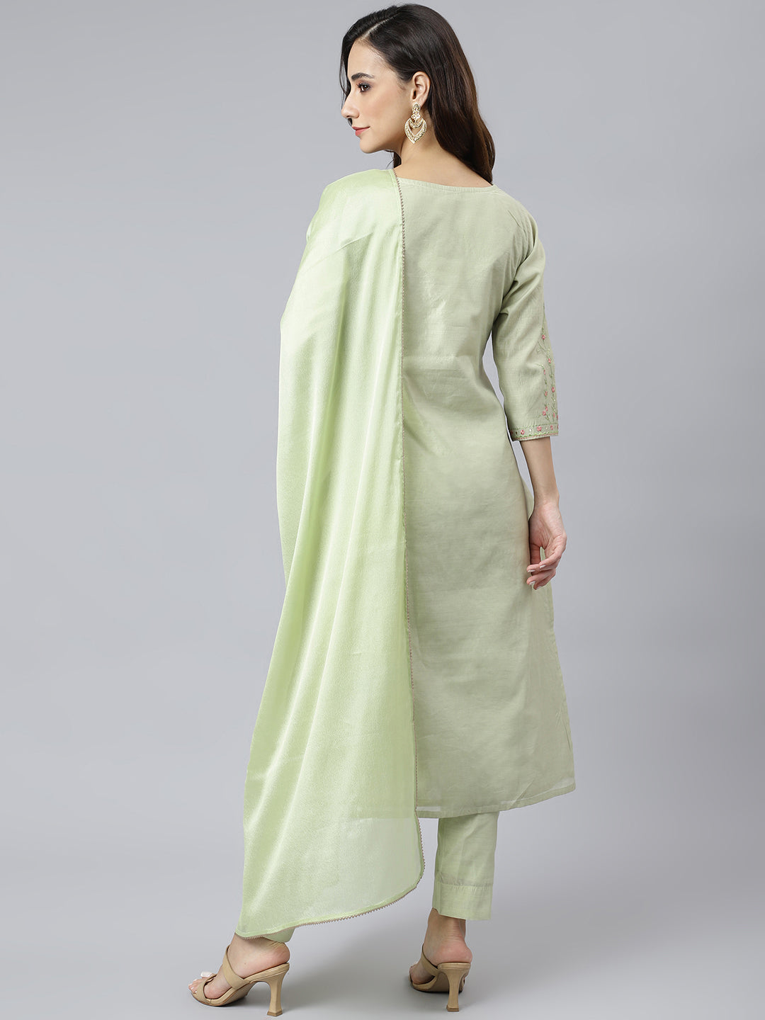 Janasya Women's Sea Green Poly Silk Solid Kurta With Pant And Dupatta | Swadesiicart
